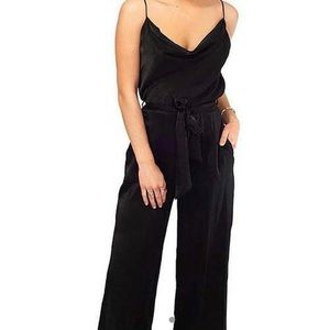NEVER WORN STRAPPY BLACK SATIN WIDE LEG BELTED JUMPSUIT WITH COWL NECK